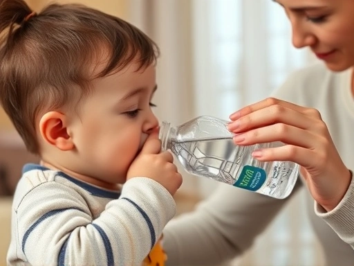 아이가 구토를 멈추고 부모가 소량의 물병으로 조심스럽게 물을 주는 장면