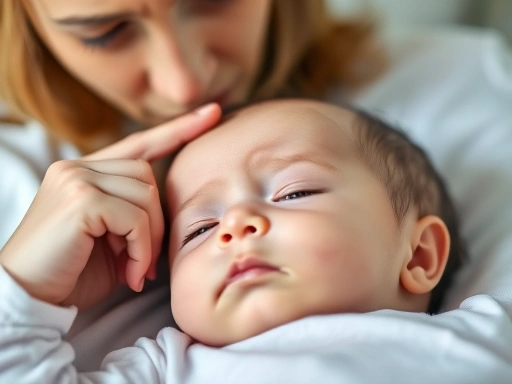 침대에 누워있는 아기 옆에서 걱정스러운 표정의 부모가 아기의 상태를 주의 깊게 살피는 클로즈업 장면