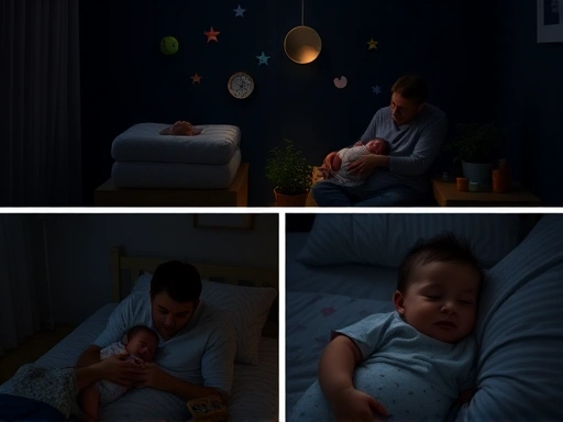 아기의 평화로운 수면을 위한 어두운 방, 부모가 아기를 부드럽게 쓰다듬으며 규칙적인 생활을 만드는 모습