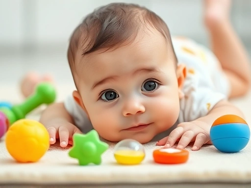 부드러운 매트 위에서 아기가 엎드려 터미 타임을 하고 있는 클로즈업 사진.