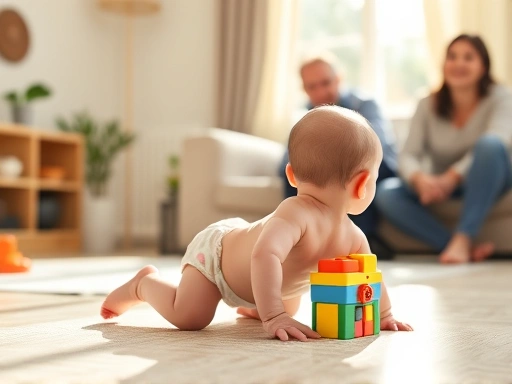 따뜻한 햇살이 드는 거실에서 생후 8개월 아기가 알록달록한 블록 장난감을 향해 네 발로 기어가는 모습