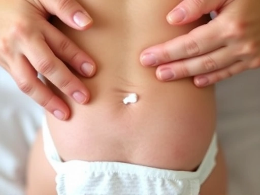 피부가 붉게 달아오른 아기 엉덩이에 기저귀 발진 크림을 얇게 바르는 부모의 섬세한 손길이 클로즈업된 장면