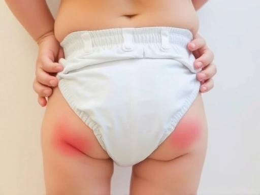 아기가 기저귀를 갈아줄 때 허벅지와 배에 빨간 자국이 선명하게 남아 있는 모습