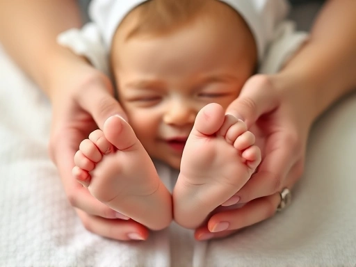 아기가 엎드린 자세에서 부모가 아기의 발바닥을 간지럼 태우는 클로즈업 장면