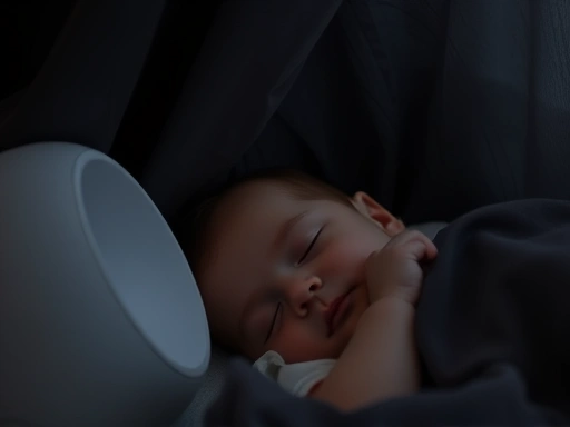 어두운 방에서 백색소음기 옆에 평화롭게 잠든 아기의 클로즈업 모습
