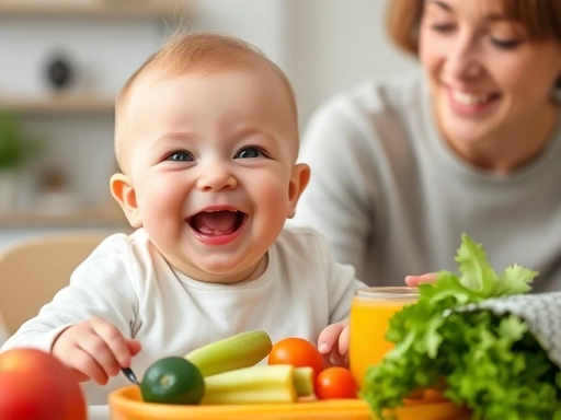 아기가 건강한 식단으로 채소와 과일을 먹으며 밝게 웃고 있는 행복한 모습