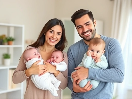 아기를 안고 있는 부모가 집안에서 안심하고 미소 짓는 모습