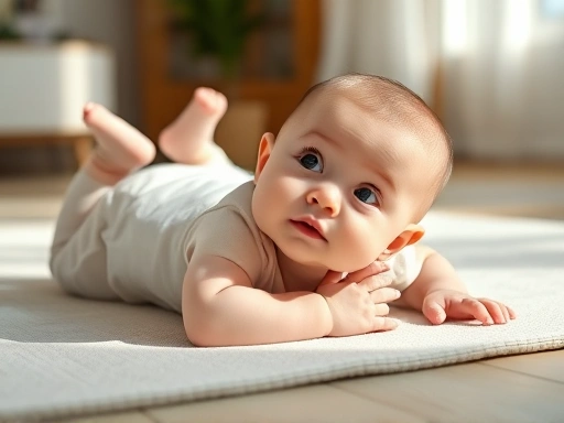 부드러운 매트 위에서 아기가 배를 바닥에 대고 손으로 상체를 지탱하며 고개를 들어 주변을 호기심 어린 눈으로 바라보는 모습