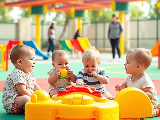 다채로운 놀이터에서 여러 아기들이 즐겁게 평행 놀이를 하며 또래 관계를 형성하는 밝고 활기찬 장면