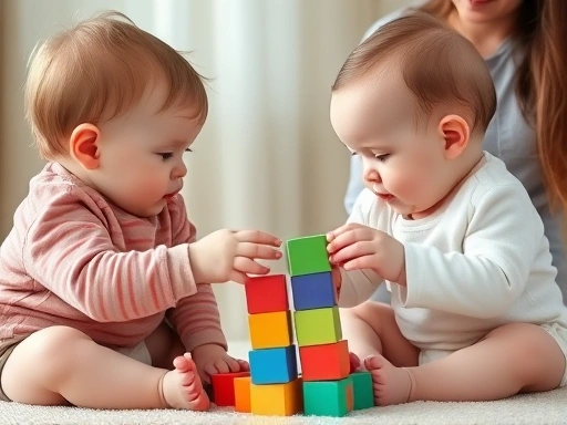 두 명의 아기가 블록을 공유하며 협력 놀이를 하고 있고, 한 부모가 옆에서 따뜻하게 바라보며 필요한 경우 중재할 준비를 하는 클로즈업 장면