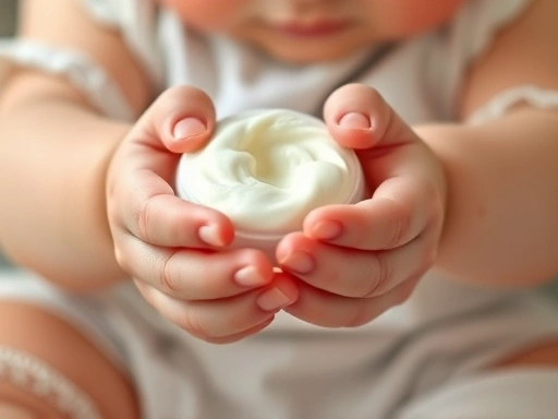 아기의 작은 손이 로션이 묻은 통을 잡고 있는 클로즈업 장면