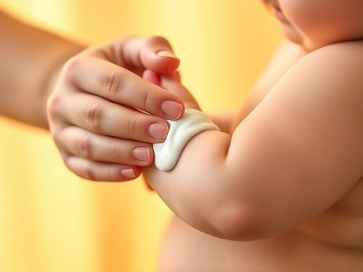 따뜻하고 밝은 배경에서 아기에게 로션을 발라주는 부모의 손과 촉촉해 보이는 아기 피부를 클로즈업한 장면