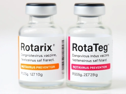 두 가지 로타바이러스 백신, 로타릭스(Rotarix)와 로타텍(RotaTeq) 약병이 나란히 놓여 있고, 각각의 라벨과 용량 표시가 명확히 보이는 클로즈업 사진으로 로타바이러스 예방에 대한 정보성을 강조.