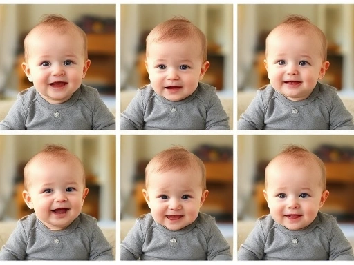 다양한 월령의 아기들이 목을 가누는 발달 단계를 보여주는 콜라주 이미지