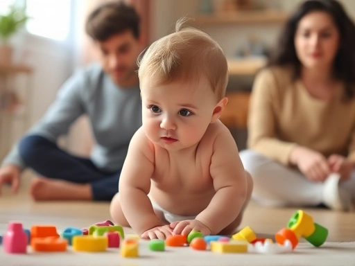 아기가 장난감 조각들을 바닥에 던지며 호기심 가득한 표정으로 지켜보는 모습