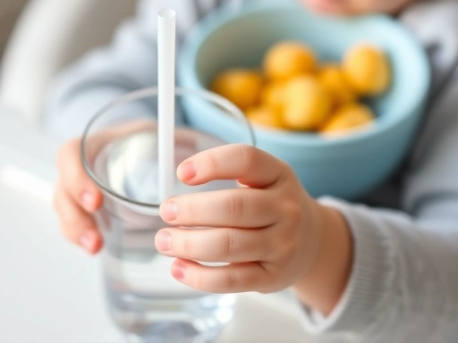클로즈업된 아기의 작은 손이 물이 담긴 빨대컵을 잡고 있는 모습