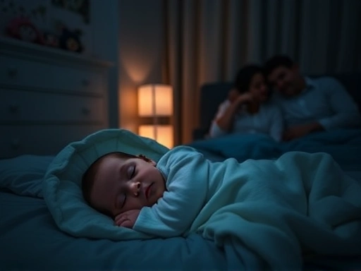 어두운 방에서 아기가 편안하게 잠든 모습