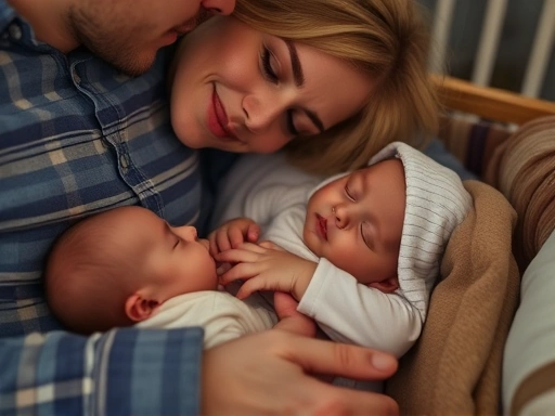 부모가 아기를 안고 부드럽게 토닥이며 재우는 클로즈업 장면