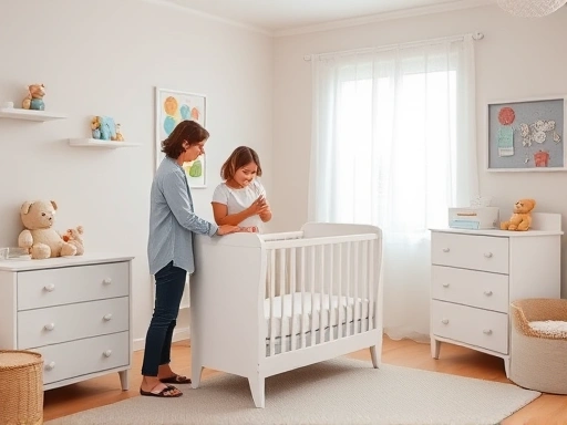아기 방에 배치된 아기 침대와 서랍장이 벽에 단단히 고정되어 있는 안전한 풍경, 부모가 안심하고 아기를 지켜보는 모습