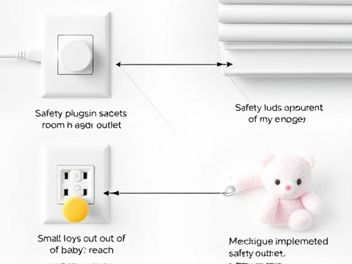 아기 방 콘센트에 안전 마개가 꽂혀 있고, 블라인드 줄이 높이 정리된 모습