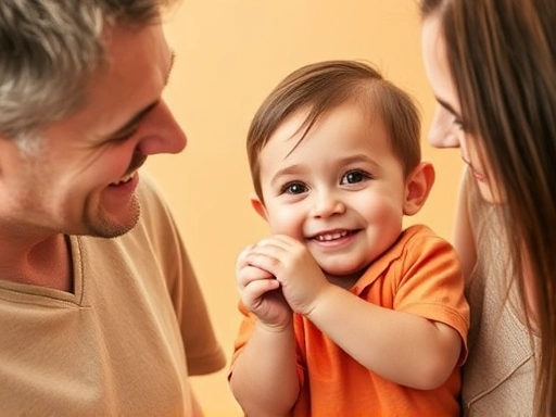 아이가 부모의 손을 잡고 행복하게 웃으며 교감하는 모습