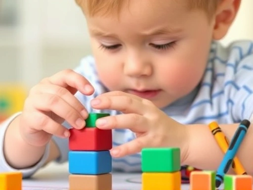 블록으로 탑을 쌓거나 그림을 그리며 집중하는 아기의 손과 얼굴 클로즈업.