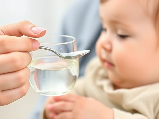 아기에게 작은 스푼으로 물을 먹이는 엄마의 손 클로즈업, 아기 변비 예방을 위한 충분한 수분 섭취의 중요성.