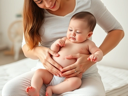 아기 엄마가 아기 배에 부드럽게 마사지를 해주는 다정한 모습