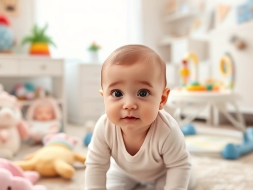 밝고 아늑한 아기방에서 다양한 아기용품에 둘러싸인 아기가 호기심 가득한 표정으로 카메라를 바라보는 모습