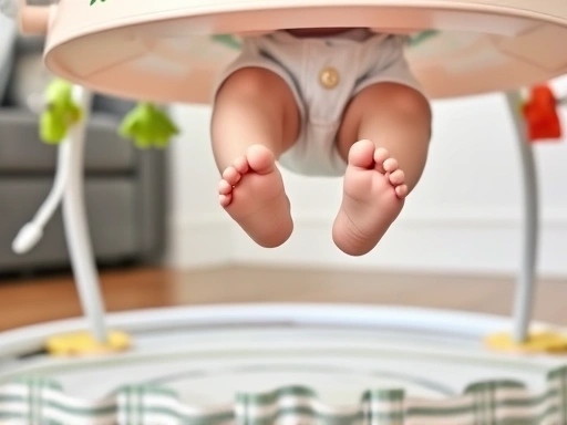 점퍼루 안에서 활기차게 점프하며 환하게 웃는 아기의 발이 클로즈업된 모습
