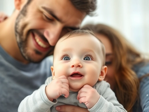 부모가 아기와 함께 까꿍 놀이를 하며 즐거워하는 클로즈업.