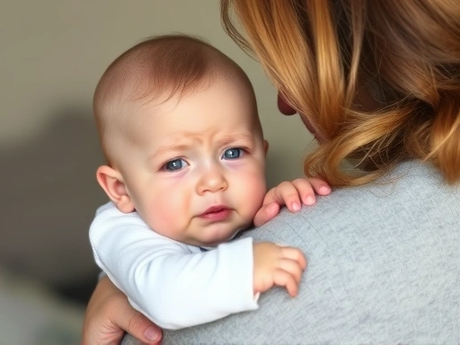아기가 엄마와 헤어지는 순간 불안한 표정으로 울음을 터뜨리고, 부모가 아이를 따뜻하게 안아주며 다정하게 달래는 장면