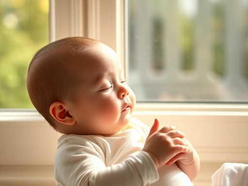 창가에서 부드러운 간접 햇빛을 쬐고 있는 평화로운 아기의 모습