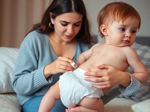 걱정스러운 표정으로 설사하는 아기를 돌보고 있는 젊은 엄마의 모습