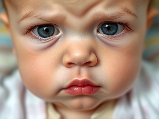 아기 설사로 인해 입술이 마르고 눈이 움푹 들어간 아기의 얼굴을 클로즈업한 모습