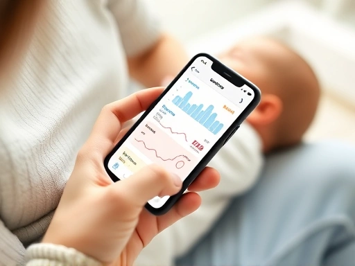 스마트폰 화면에 육아 앱이 실행되어 있으며, 아기의 수유량, 수면 시간, 배변 횟수 등이 그래프와 통계로 시각적으로 표시되고 있습니다.