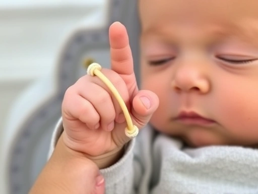 수면 교육 중인 아기의 작은 손이 부모의 손가락을 잡고 있는 클로즈업 사진, 아기의 평온한 얼굴과 함께 신뢰와 안정감을 강조하는 이미지