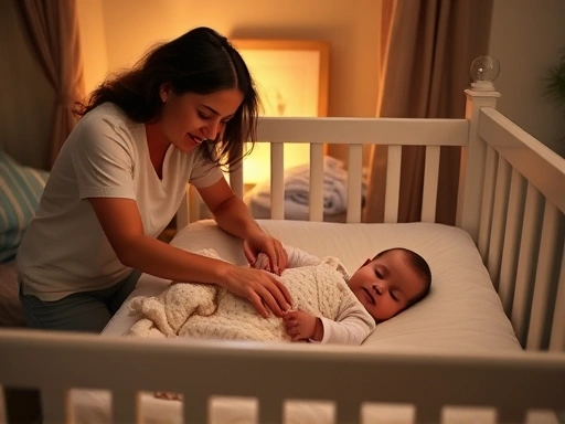 아기 침대에 누워 잠든 아기를 부드럽게 바라보는 부모의 모습