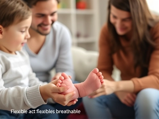 아기의 작은 발에 맞는 편안한 첫 신발을 고르는 부모의 모습