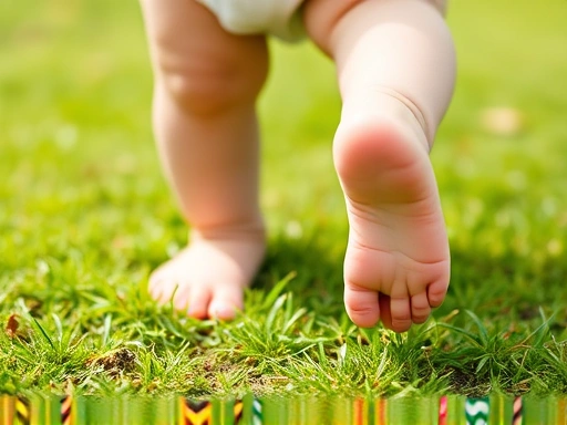 아기가 맨발로 잔디밭을 걷는 모습