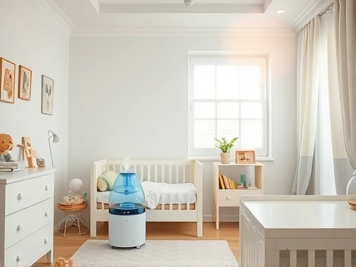 깨끗하고 쾌적한 아기 방의 전경, 가습기가 작동 중이며, 부드러운 빛이 비추는 공간, 아토피, 환경 조절, 실내 습도, 아기 방