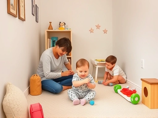 아기 방에서 부모가 아기가 안전하게 놀 수 있도록 콘센트 안전 커버를 설치하고 모서리 보호대를 부착하는 모습