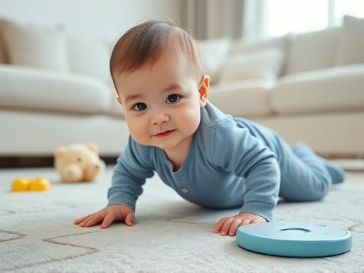 아기가 거실 바닥에서 안전하게 놀고 있는 클로즈업.