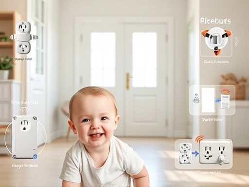 아기가 안전하게 놀 수 있도록 문, 모서리, 콘센트 등 위험 구역에 설치된 다양한 안전용품들이 밝고 깨끗한 집안 환경에 잘 어우러져 있는 장면