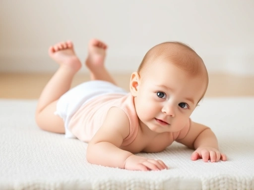 아기가 폭신한 매트 위에서 목을 가누고 상체를 들어 올리며 엎드려 놀이(Tummy Time)를 하는 모습