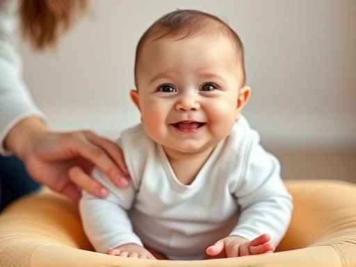 아기가 안전한 쿠션과 함께 앉은 자세에서 부모의 손이 부드럽게 지지해주며 미소 짓는 클로즈업 장면