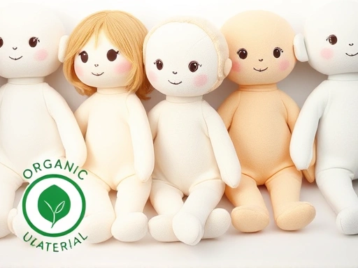 다양한 종류의 안전한 애착인형들이 나란히 놓여 있는 클로즈업 사진, 유기농 면 소재와 부드러운 질감이 부각되며 안전 인증 마크가 자연스럽게 보이는 구도