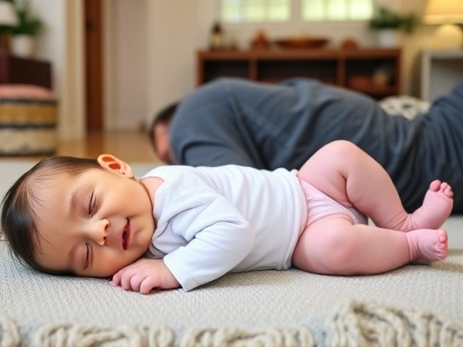 아기가 갑자기 열성경련을 일으키는 긴박한 순간, 부모가 침착하게 아이를 평평하고 안전한 곳에 눕히고 고개를 옆으로 돌려 기도를 확보하는 모습