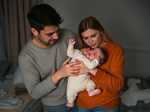 피곤에 지친 젊은 부모가 한밤중에 울고 있는 아기를 품에 안고 등을 토닥이며 달래는 모습