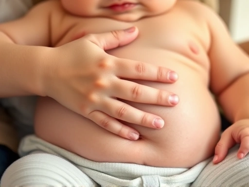 클로즈업 샷으로 아기 배에 따뜻한 손을 얹고 부드럽게 원을 그리며 마사지하는 부모의 손, 아기의 편안해진 표정과 함께 따뜻하고 부드러운 빛이 강조된다.